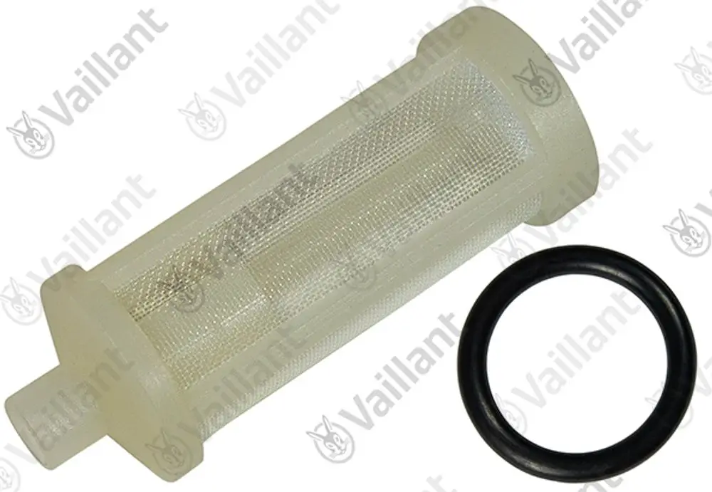 Vaillant-Filter in zylindrischer Form mit einem transparenten Gehäuse und einer schwarzen Dichtung, geeignet für bestimmte Heizungsanlagen.